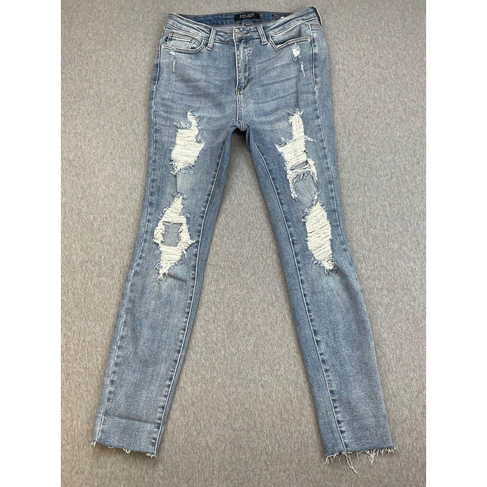 Judy Blue Jeans Womens 9 Blue Cotton Blend Stretch High-Rise Skinny Frayed Hem